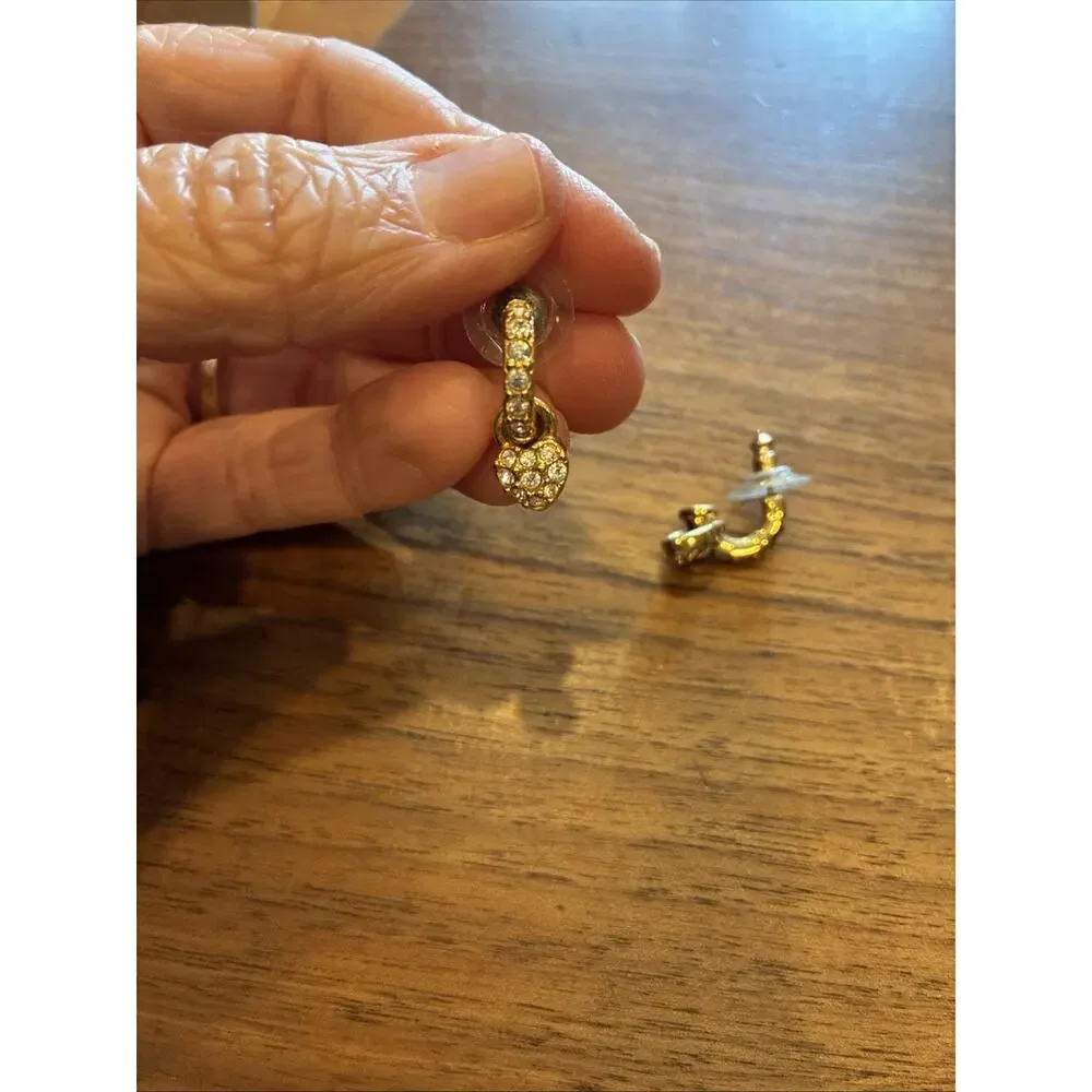 SWAROVSKI Gold Tone‎ Crystal Heart Drop Half Hoop Earrings Signed